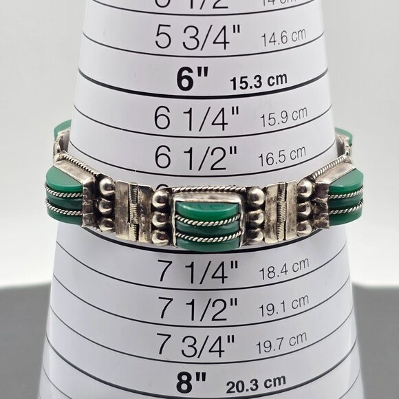 VTG RRA Mexican Sterling Silver Green Onyx Panel Link Bracelet 7" Rope Detail 40 - Picture 16 of 16